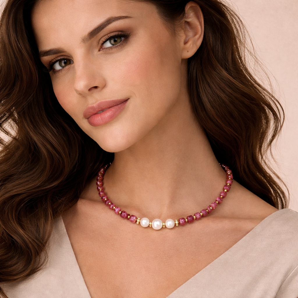 Colier Jad grenă + Perle de cultură - imagine 2