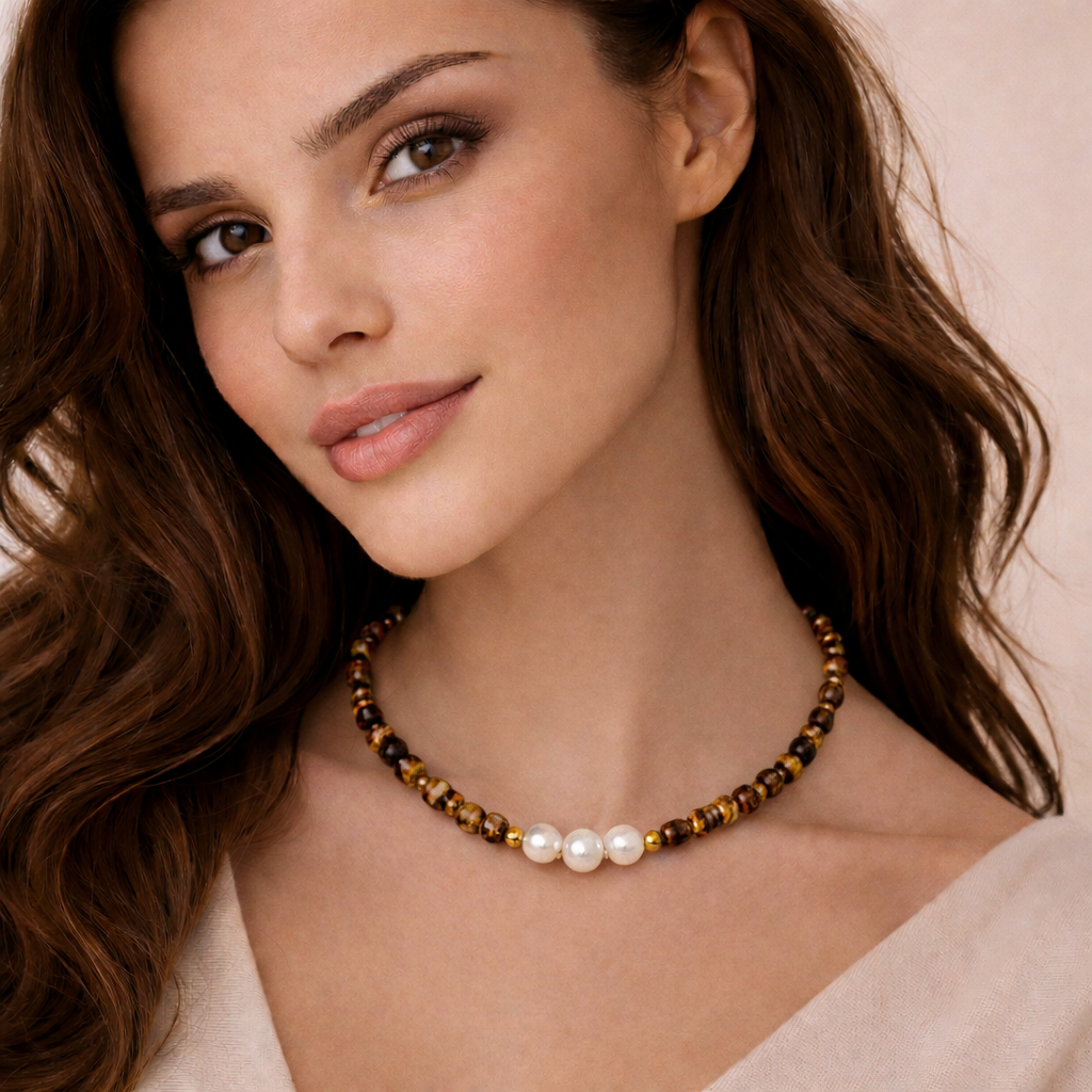 Colier Ochi de Tigru + Perle de cultură - imagine 2