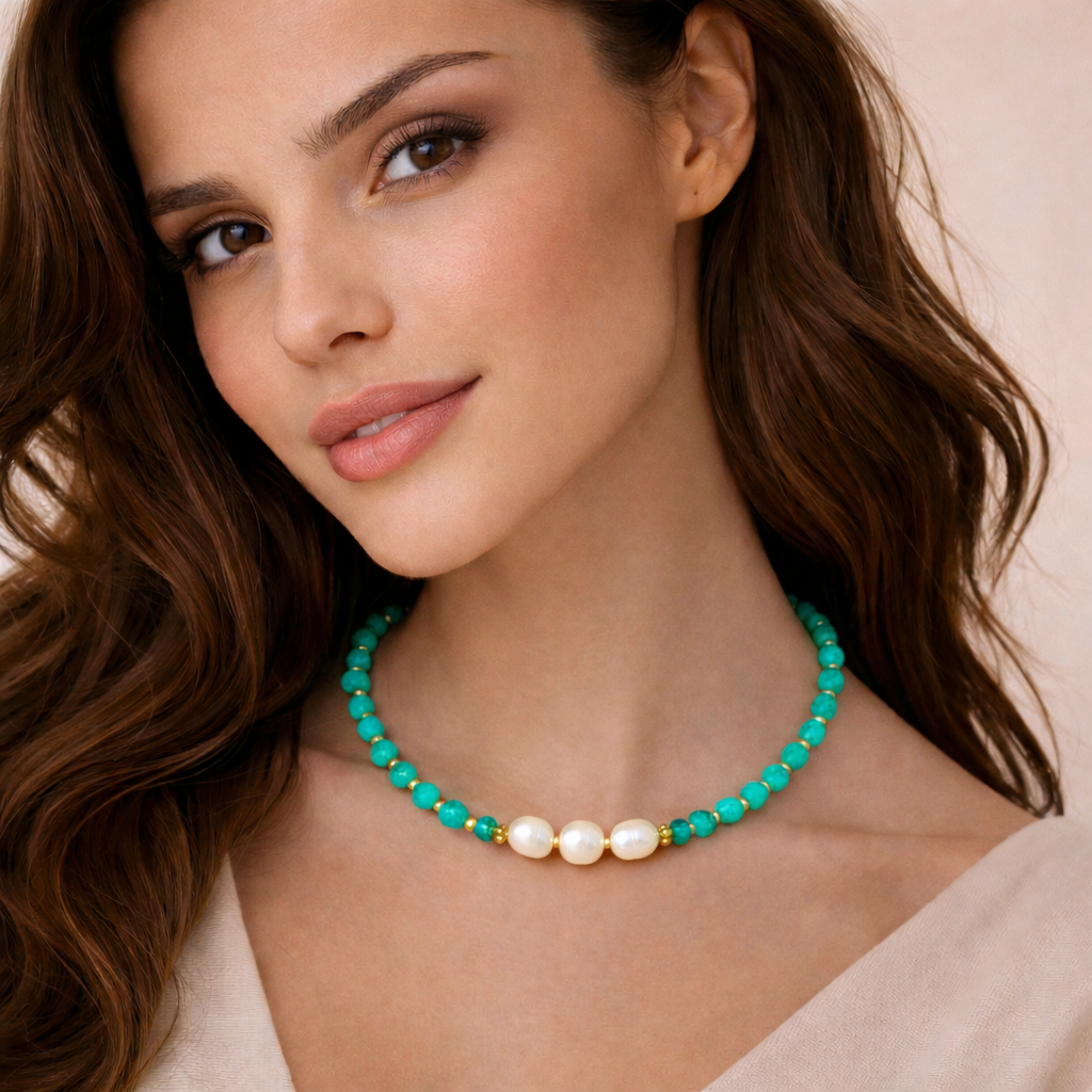 Colier Agat verde + Perle de cultură - imagine 2