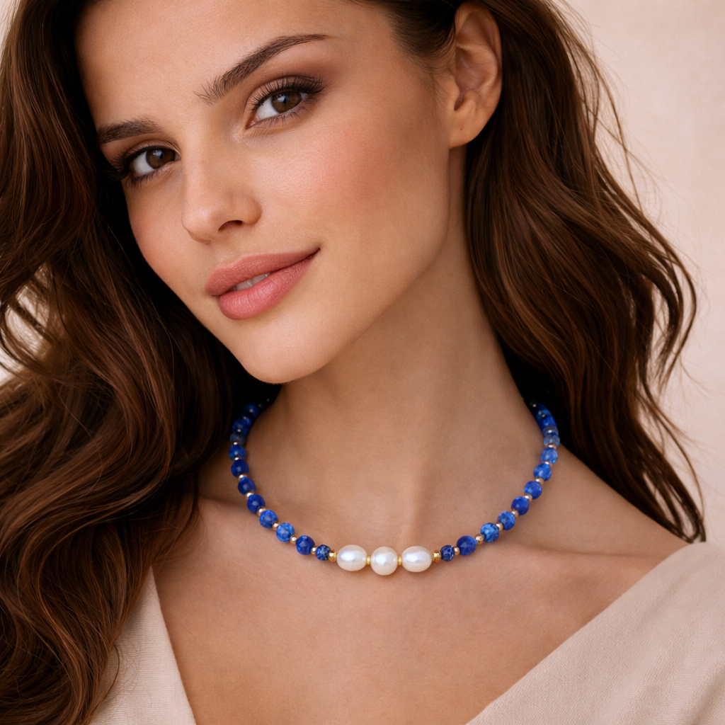Colier Lapis Lazuli + Perle de cultură - imagine 2