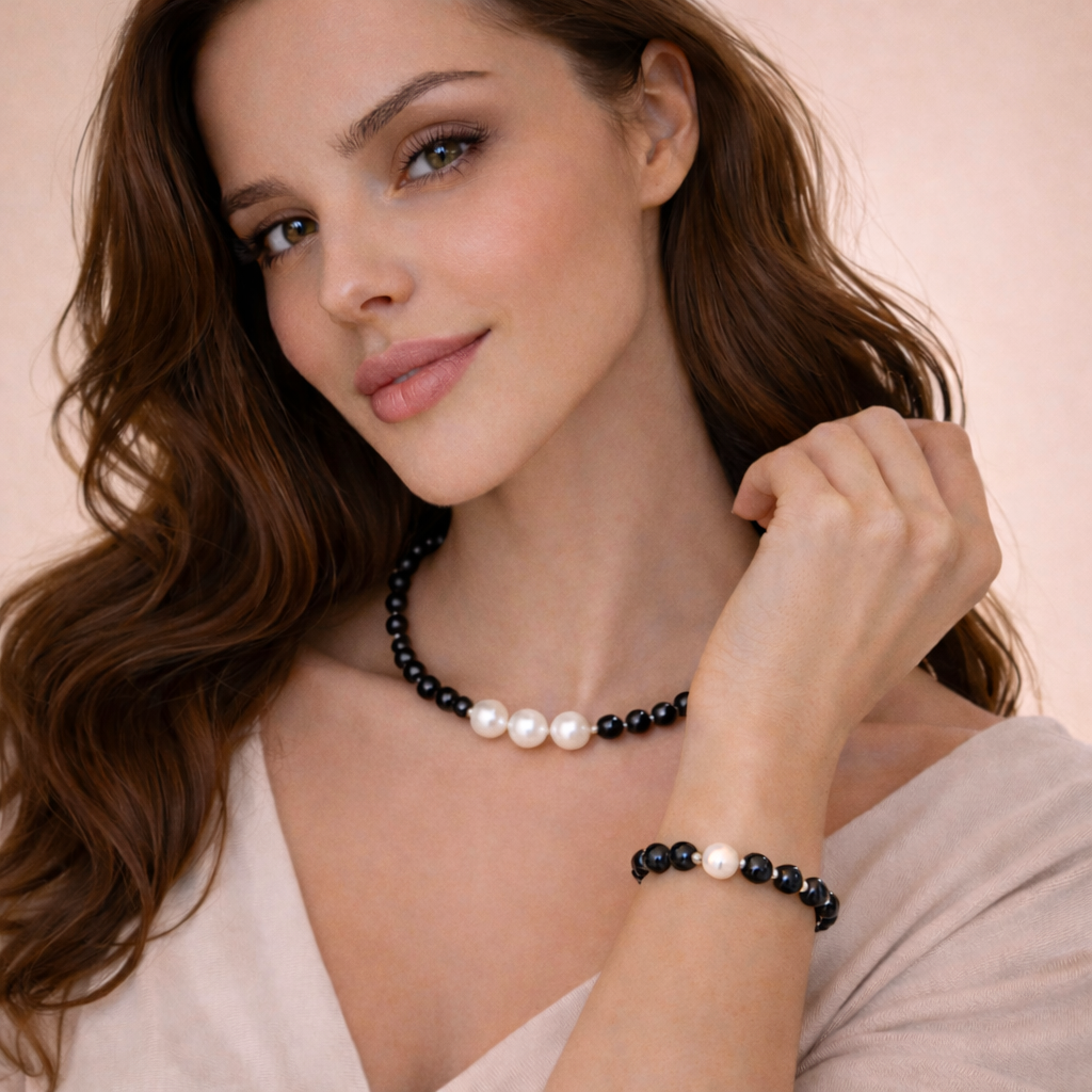 Brățară Onix fațetat + Perlă de cultură - imagine 2