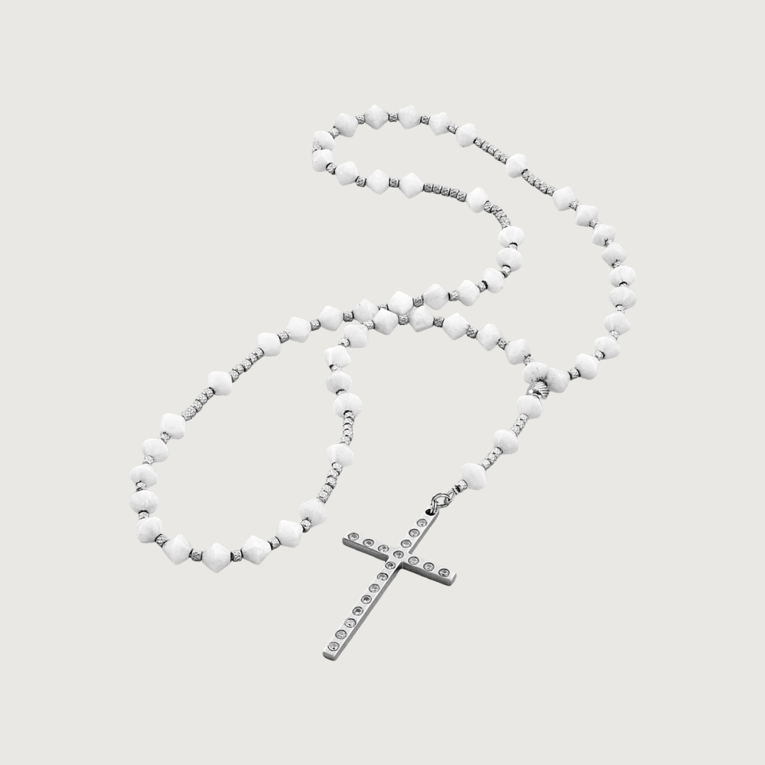Rozariu cu Piatră Lunii, Cruce din Inox + Zirconia