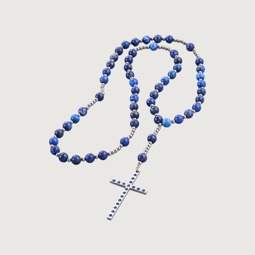 Rozariu Lapis Lazuli Cruce Inox + Zirconia