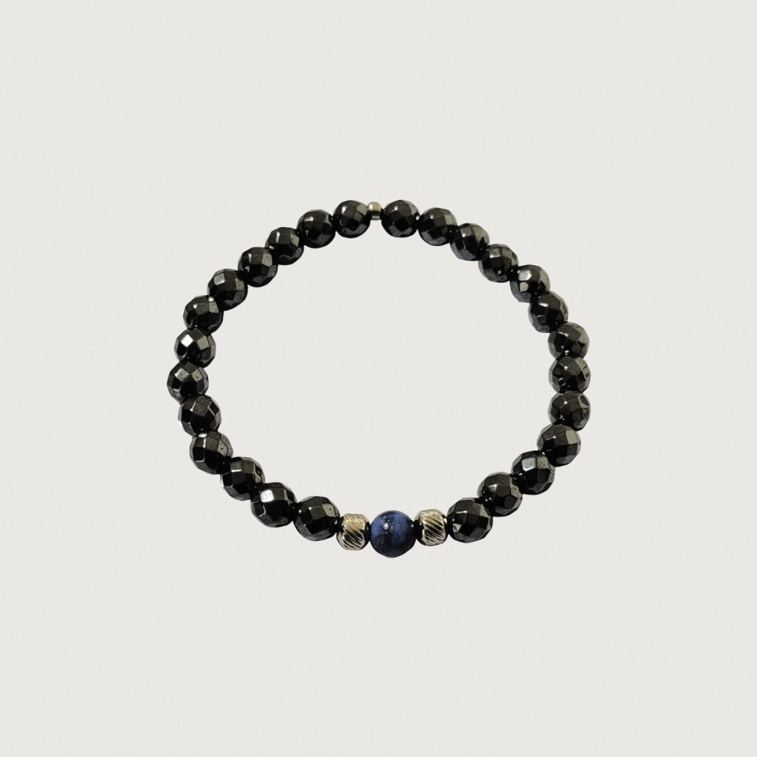 Brățară hematit sfere fațetate cu sferă lapis lazuli
