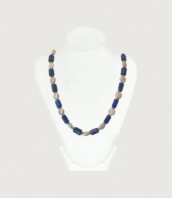 Colier lapis lazuli tuburi cu perle de cultură baroc rotunde