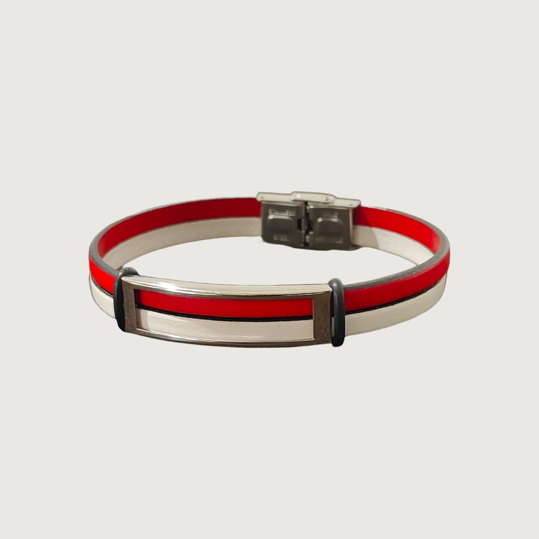 Brățară piele roșie și albă cu accesorii din inox