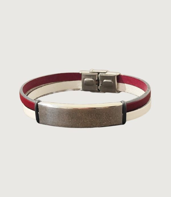 Brățară piele vișinie și albă cu accesorii din inox