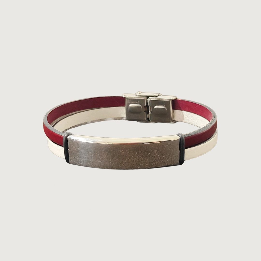 Brățară piele vișinie și albă cu accesorii din inox