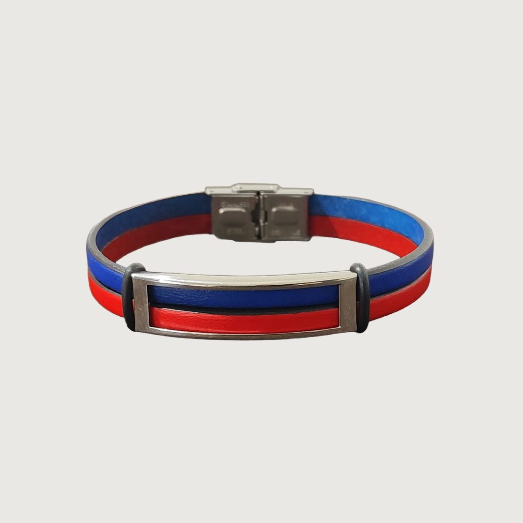 Brățară piele roșie și albastră cu accesorii din inox