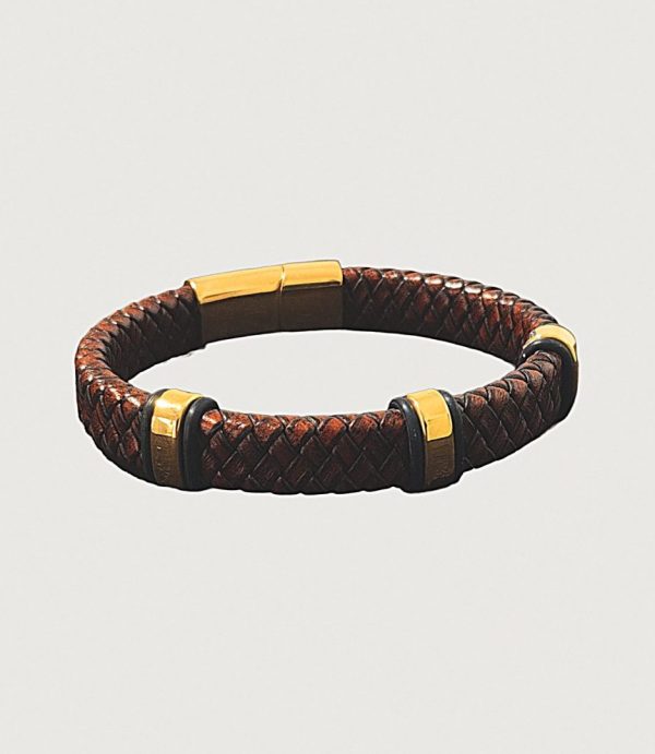 Brățară piele maro împletită cu accesorii inox auriu