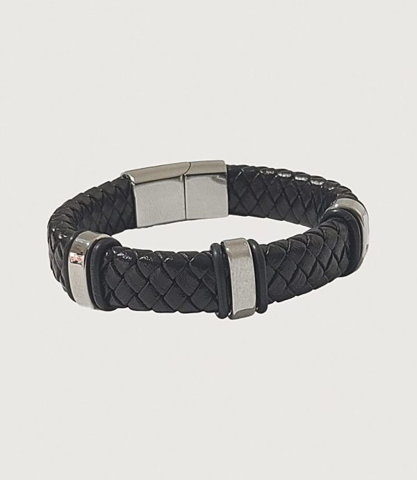 Brățară piele neagră împletită cu accesorii inox