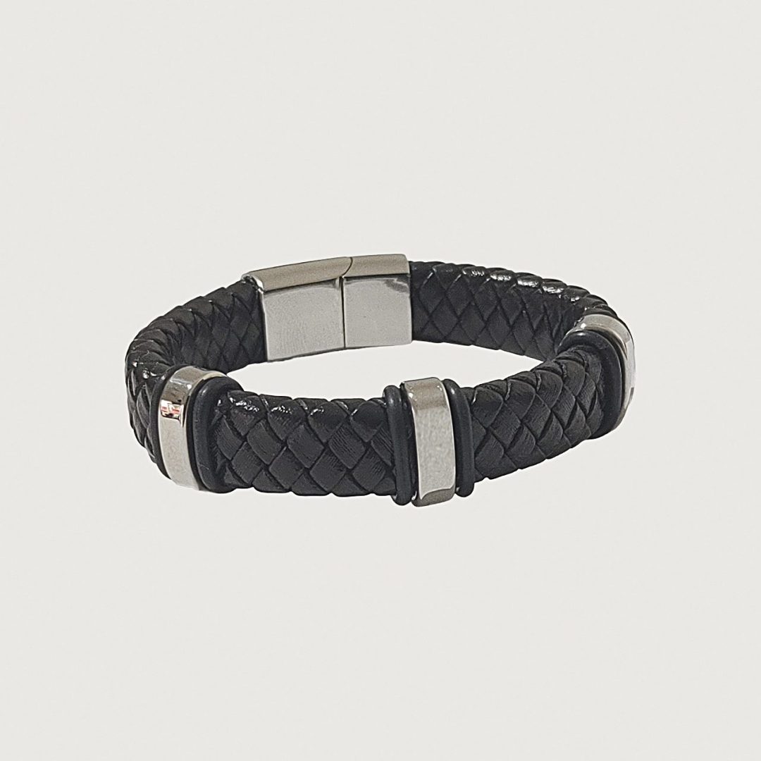 Brățară piele neagră împletită cu accesorii inox