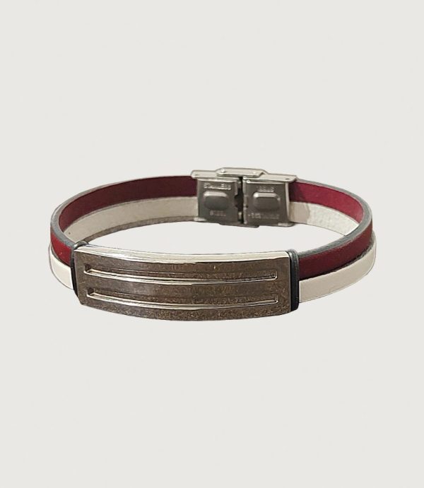 Brățară piele vișinie și albă cu accesorii din inox
