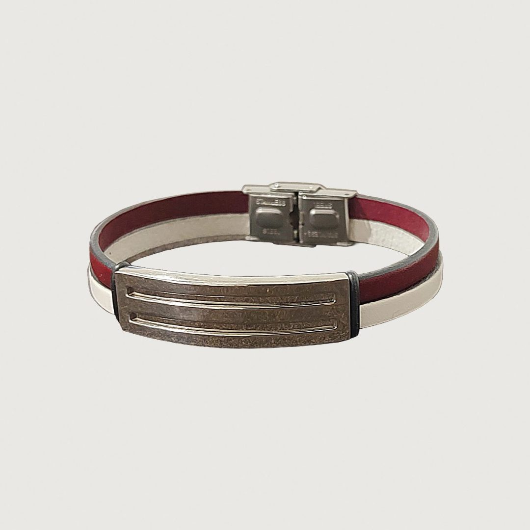 Brățară piele vișinie și albă cu accesorii din inox