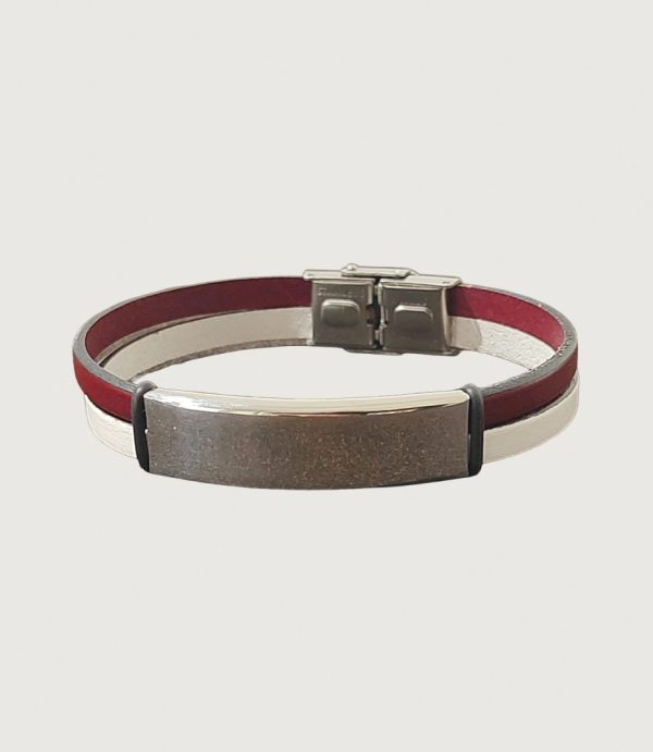 Brățară piele vișinie și albă cu accesorii din inox