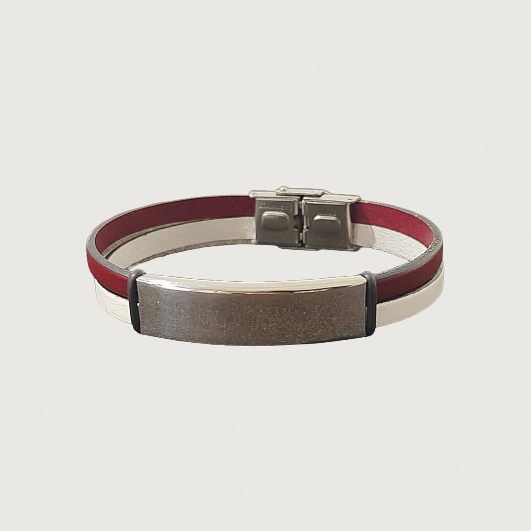 Brățară piele vișinie și albă cu accesorii din inox