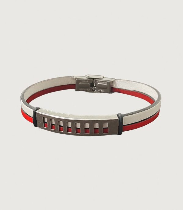 Brățară piele roșie și albă cu accesorii din inox