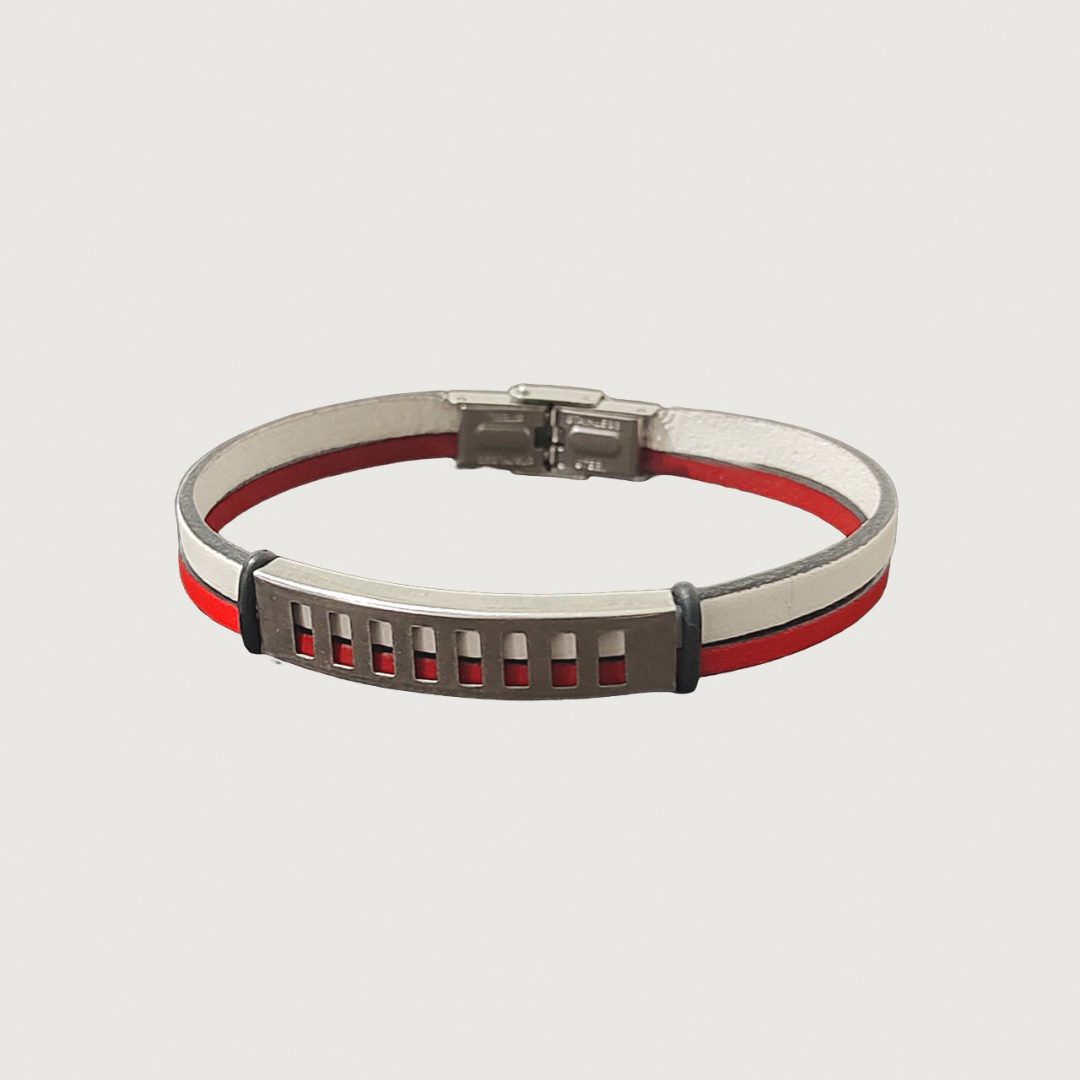 Brățară piele roșie și albă cu accesorii din inox