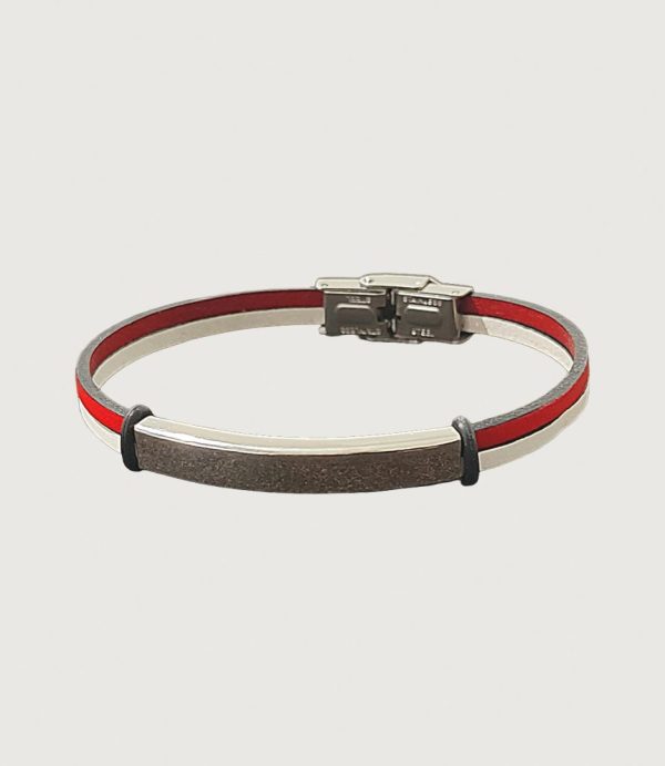 Brățară piele roșie și albă cu accesorii din inox