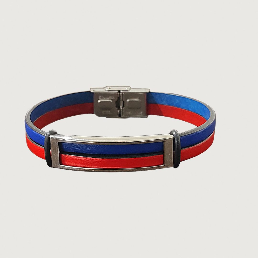 Brățară piele roșie și albastră cu accesorii din inox