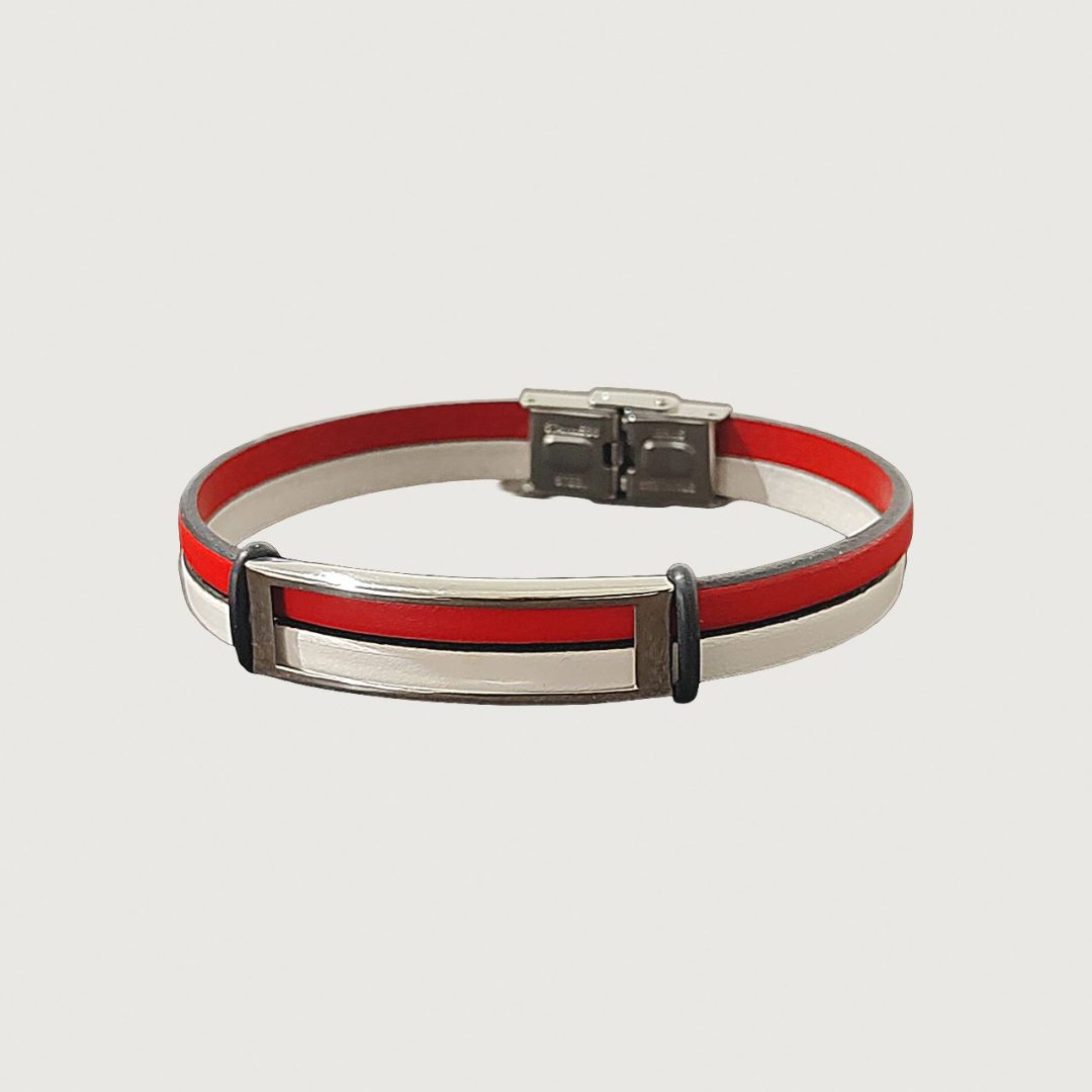 Brățară piele roșie și albă cu accesorii din inox