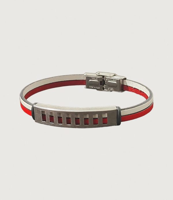 Brățară piele roșie și albă cu accesorii din inox