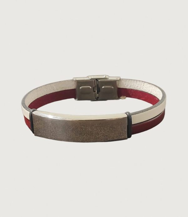 Brățară piele vișinie și albă cu accesorii din inox