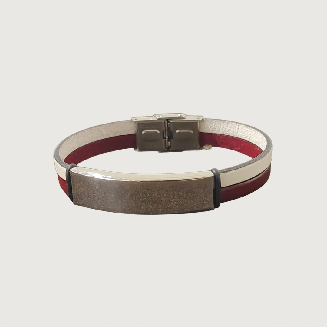 Brățară piele vișinie și albă cu accesorii din inox