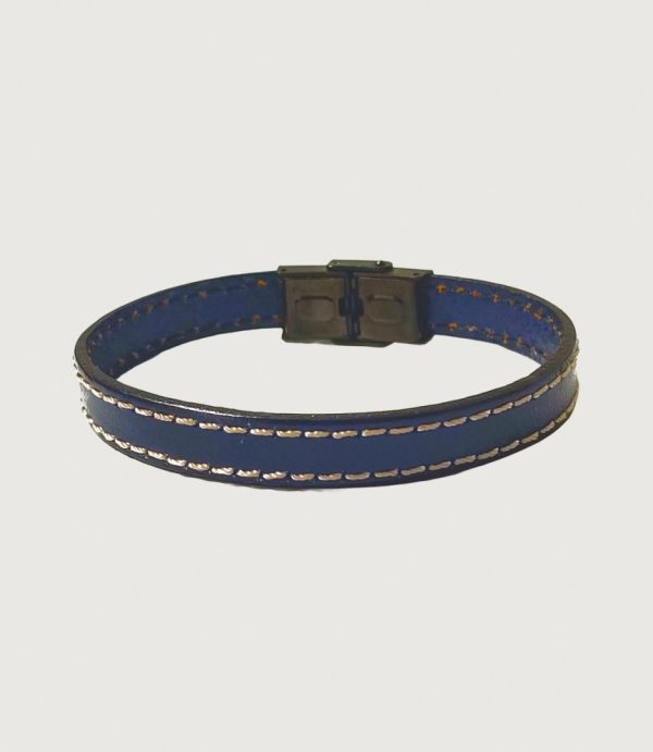 Brățară piele bleumarin cusută cu ață albă