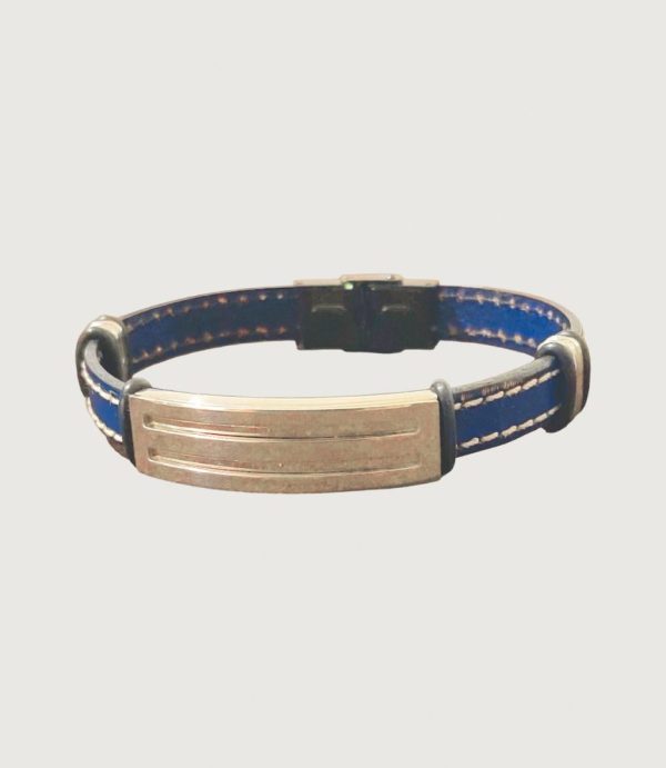 Brățară piele bleumarin cusută cu ață albă și accesorii din inox
