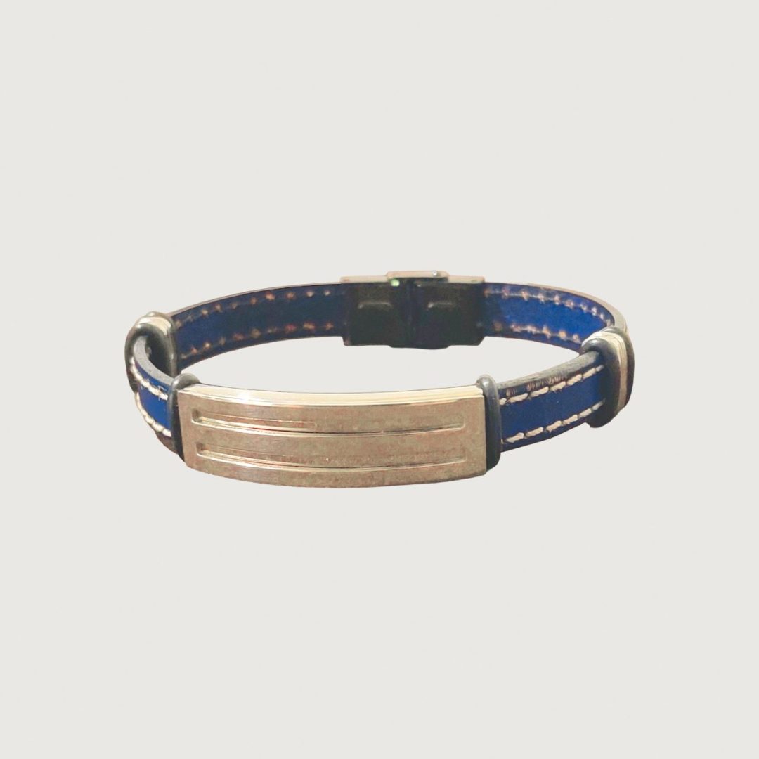 Brățară piele bleumarin cusută cu ață albă și accesorii din inox