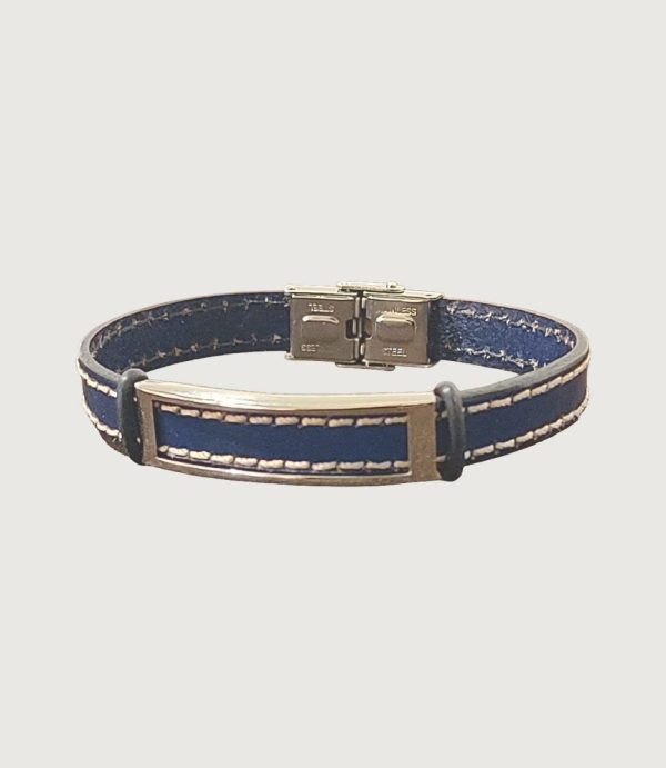 Brățară piele bleumarin cusută cu ață albă și accesorii din inox