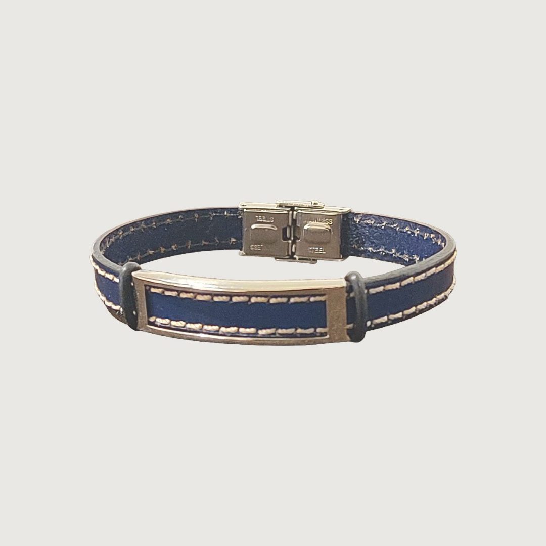 Brățară piele bleumarin cusută cu ață albă și accesorii din inox